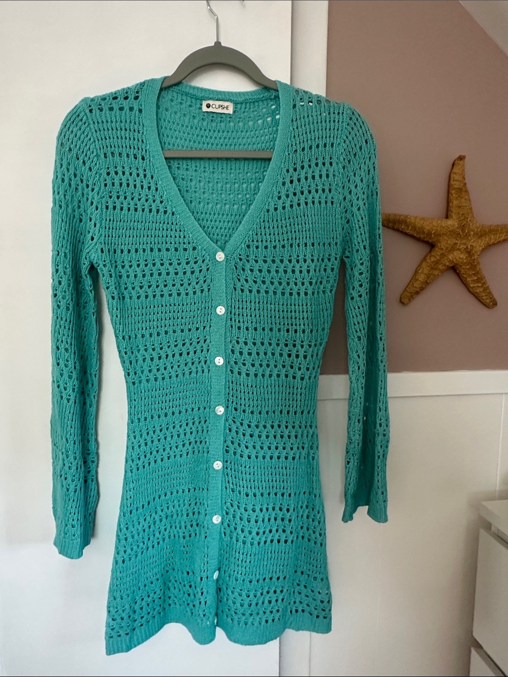 Turquoise Crochet Knit Button-Front beach cover up, boho turquoise sweater